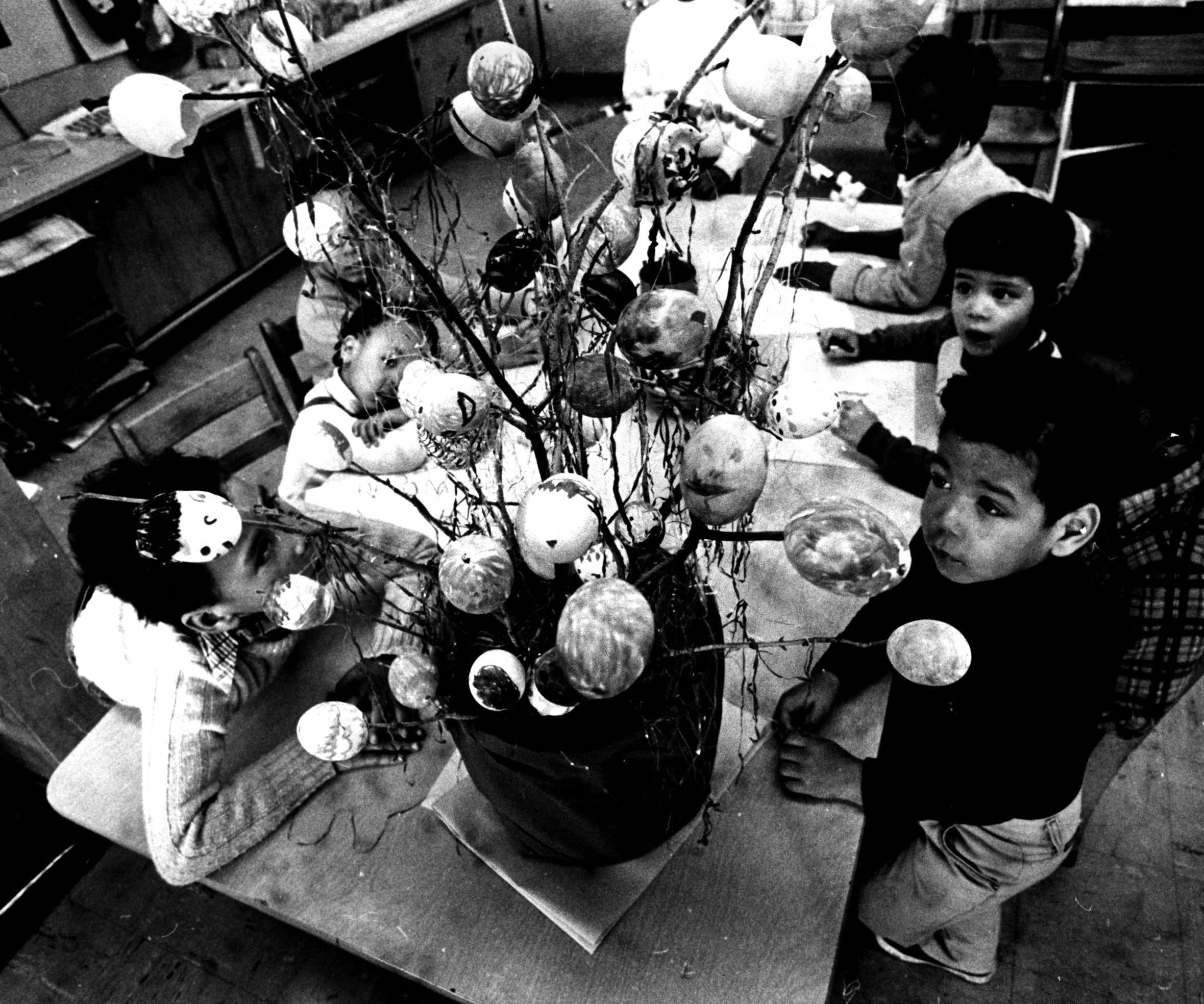 Children decorate and Easter egg tree in day care at Shortlidge Elementary in Wilmington in 1982.