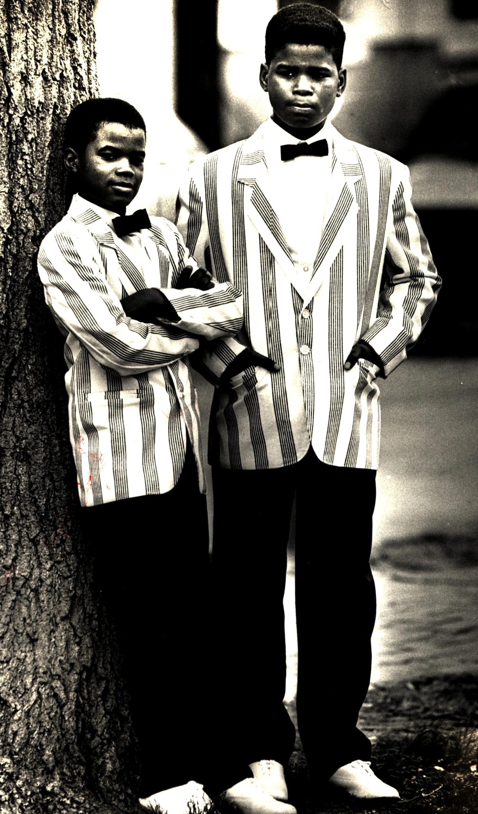 Cody, 9, and Carton, 13, Hall show off their winning outfits at the Easter Parade on the New Castle Green in 1988,