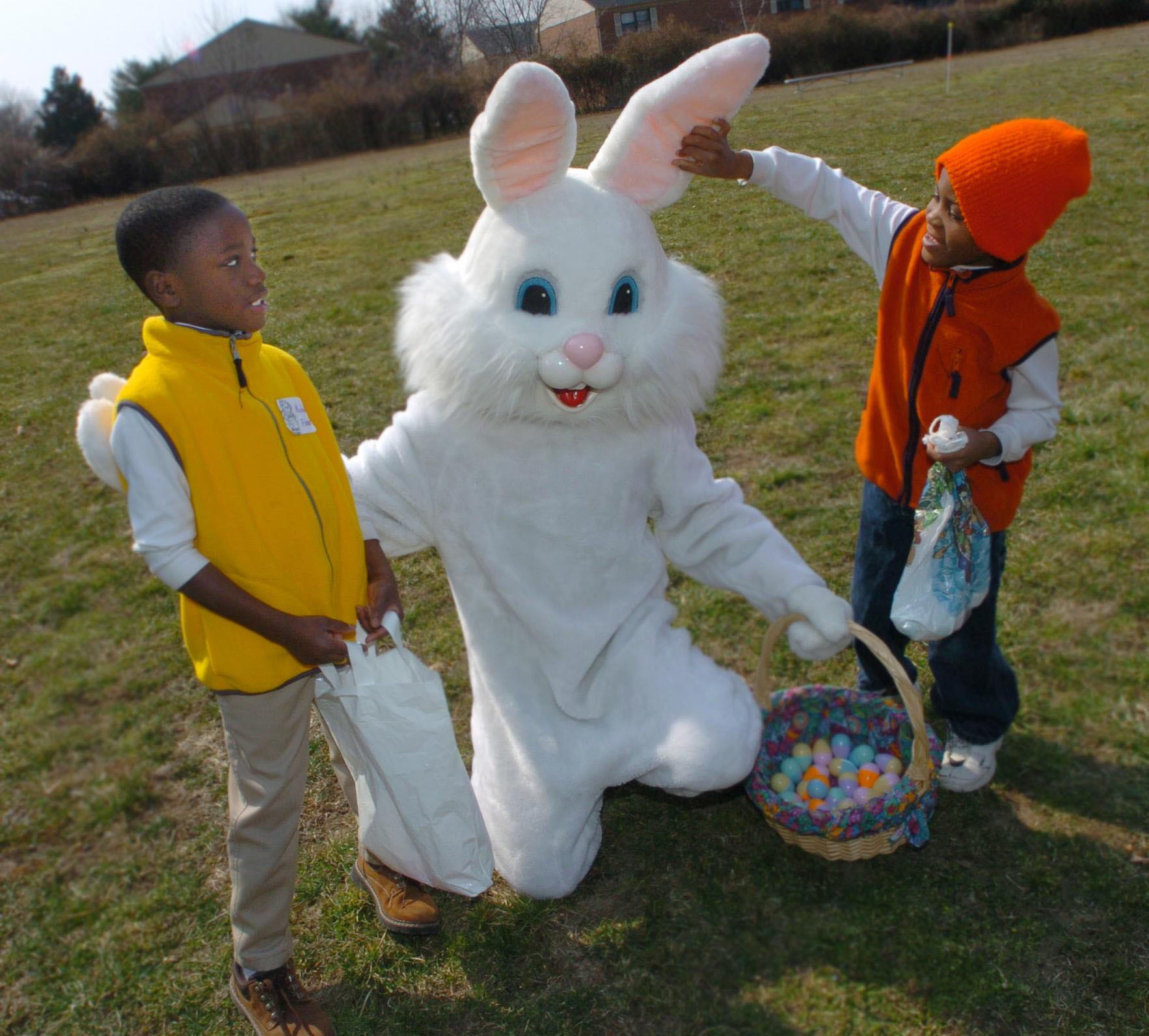 Michael Flamer, 8 of Felton, watches as six-year-old brother Anthony Flamer pulls on the Easter Bunny's ear after the Dover Parks and Recreation Annual Egg Hunt in 2005.